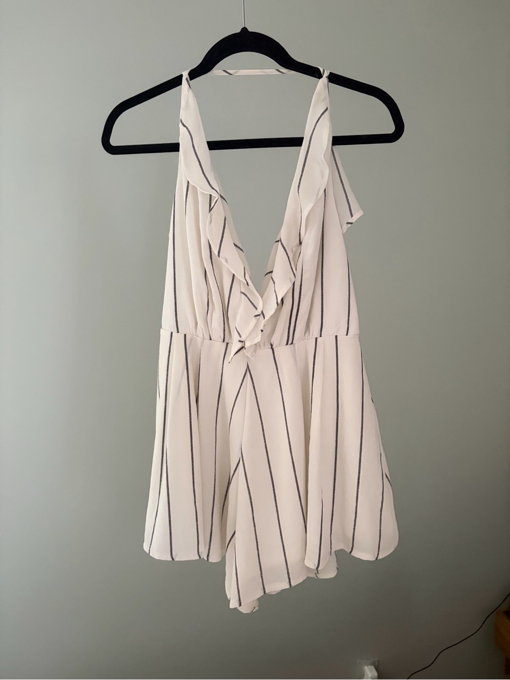 White Striped Ruffle Front Romper